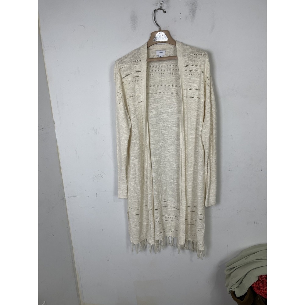 Old‎ Navy Womens XL Ivory Open Knit Fringe Cardigan Sweater Long Sleeve